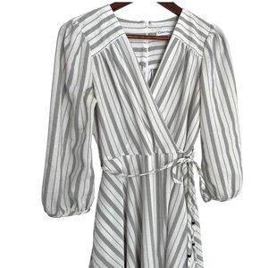 Calvin Klein Wrap Midi Sun Dress Sz 4 White Gray Striped 3/4 Puff Sleeve A Line